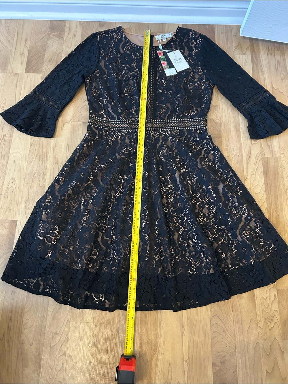 Women’s Black Lace Fit & Flare Dress with Bell Sleeves Size M